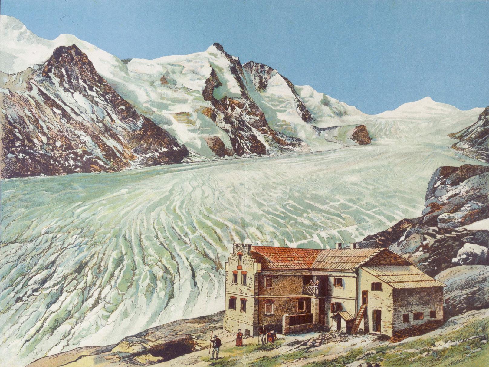 So kennt kein lebender Mensch mehr die Pasterze. Die Farblithographie entstand um <strong>1880</strong> und zeigt den riesigen Gletscher und das Glocknerhaus.