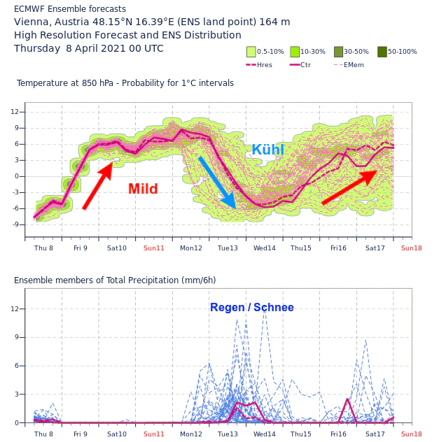 Ensemble-Prognose der Temperatur in der freien Atmosphäre und Niederschlag.