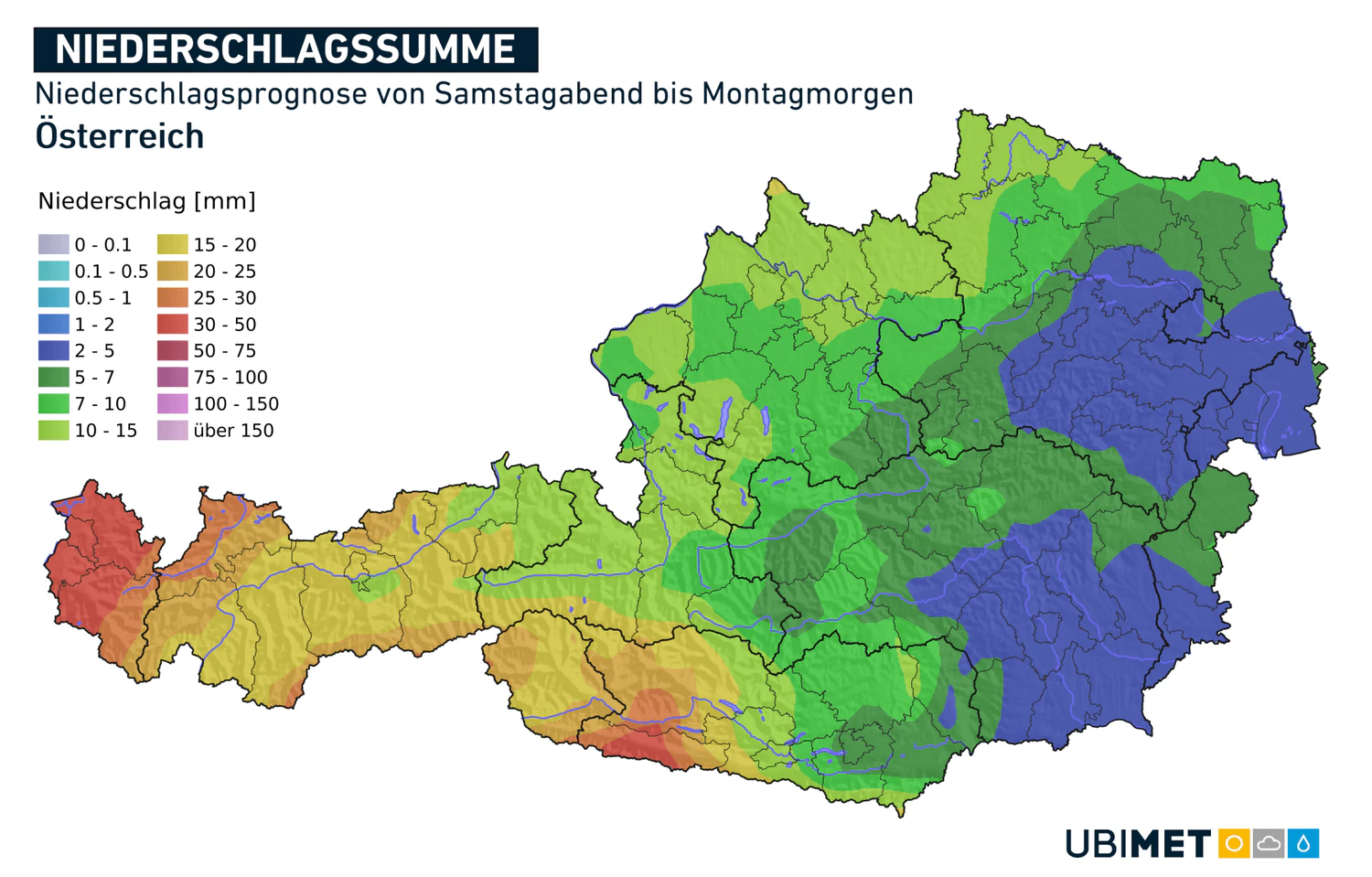 Niederschlagsprognose von Samstagabend bis Montagmorgen.
