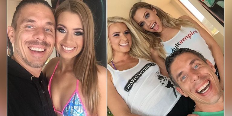 Mick Blue mit den Pornostars Jill Kassidy (li.), seiner Frau Anikka Albrite (Mitte) und Mia (re.).