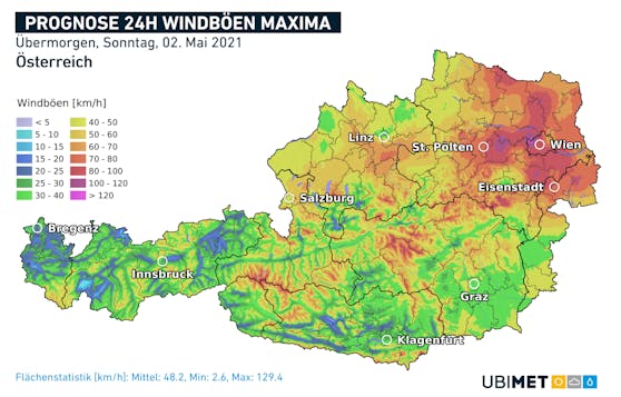 Prognose der Windböen am Sonntag.