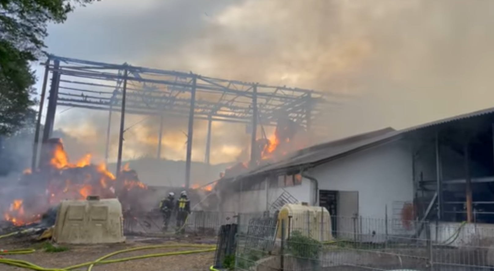 Ein Bauernhof steht in Flammen.