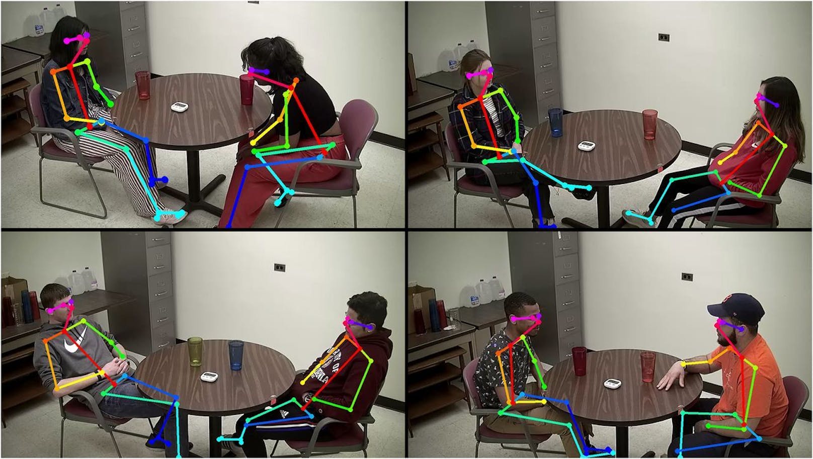 Computer-Vision-Algorithmen erkannten die relative Position der Körper der Teilnehmer aus dem Video der Interaktion. <br>
