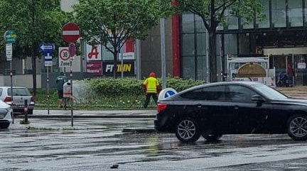 Die beiden Männer gossen die Blumen während des regnete.