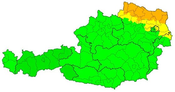 Unwetterwarnungen für Freitag, 14. Mai: Nördlich von Wien sind Unwetter mit Starkregen möglich.