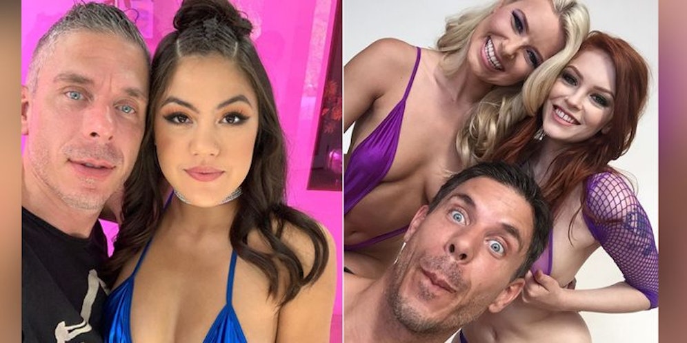 Mick Blue mit den Pornostars Kendra Sprade (li.), Anikka Albrite (Mi.) und Bree Daniels (re.)