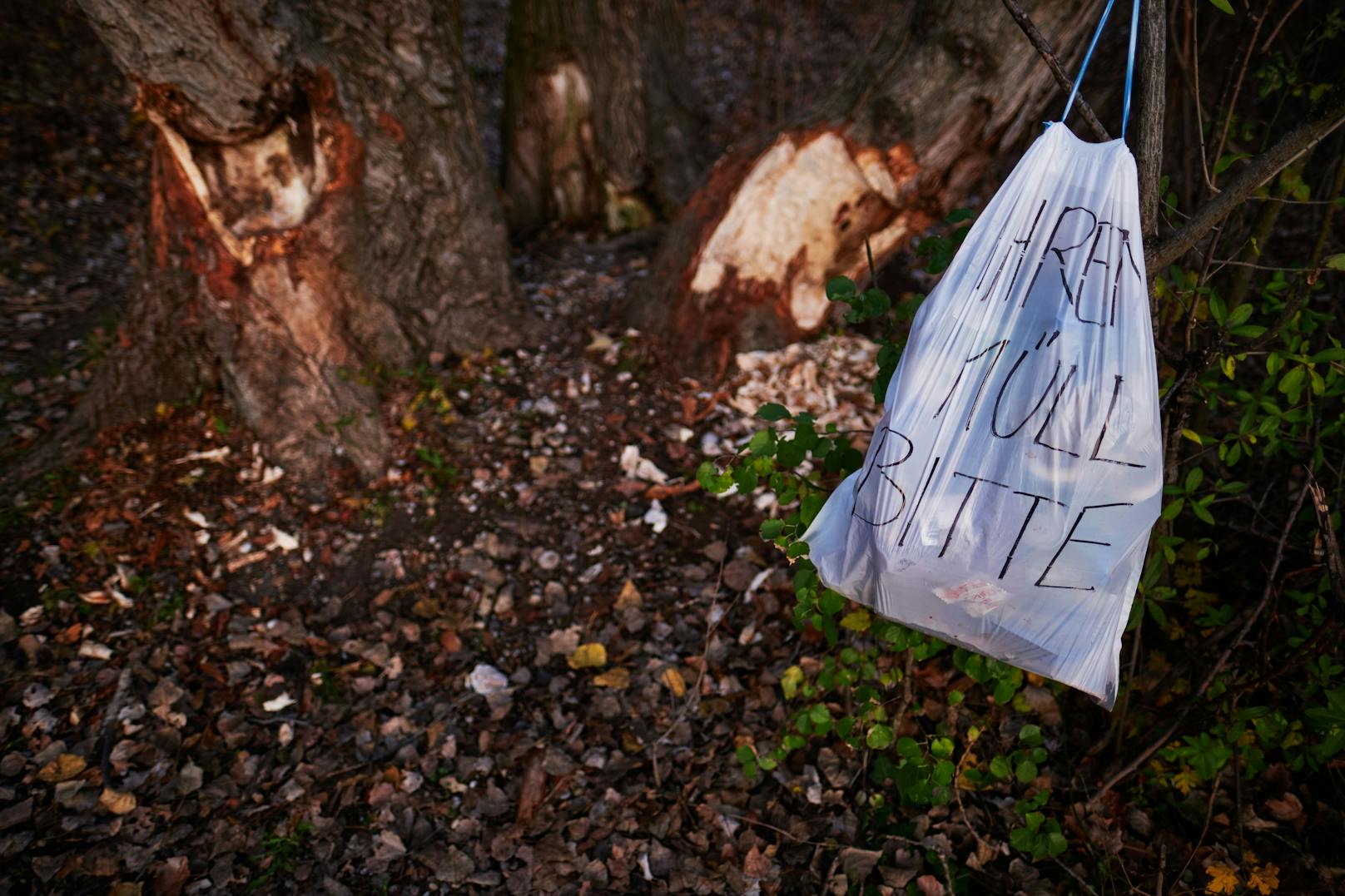 Ein aufgestellter Müllsack im Nationalpark.
