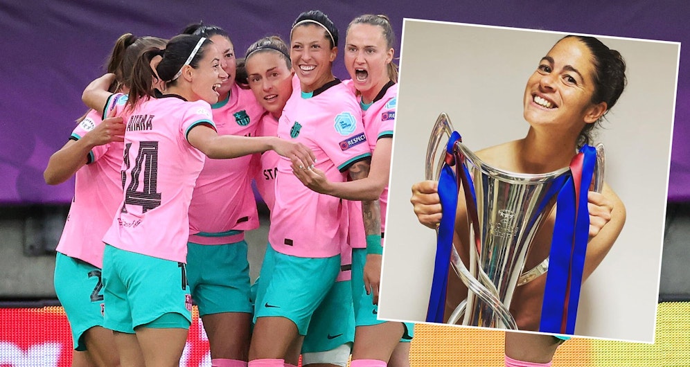 Barca-Spielerin Marta Torrejon jubelt nackt mit dem Champions-League-Pokal