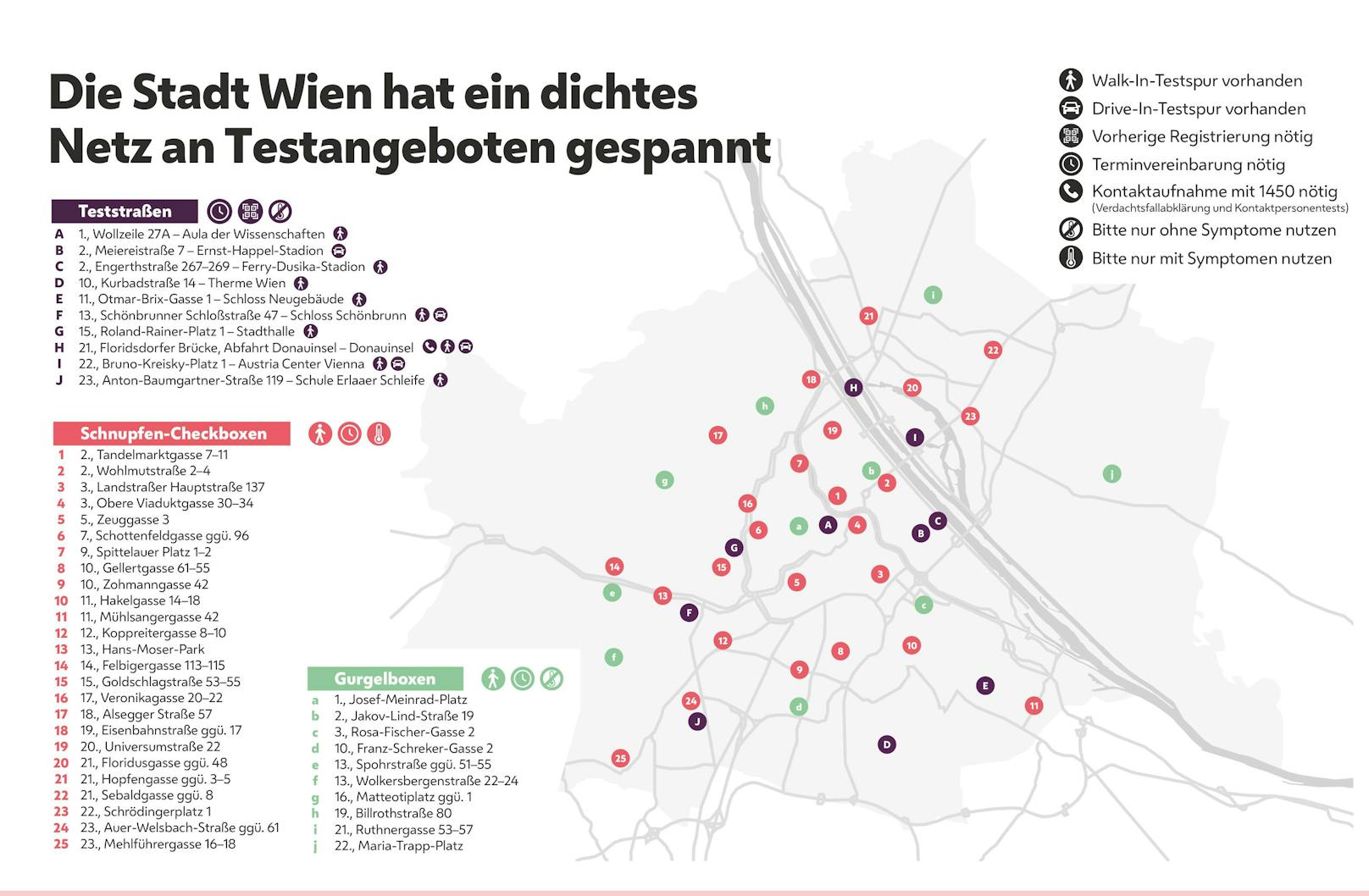 Die Stadt Wien baut ihr Netz an Testangeboten aus: Zu den zehn Teststraßen und 25 "Schnupfen-Boxen" kommen nun auch zehn "Gurgelboxen" dazu. Alle Standorte finden sich auch <a href="https://coronavirus.wien.gv.at/testangebote">hier</a>.