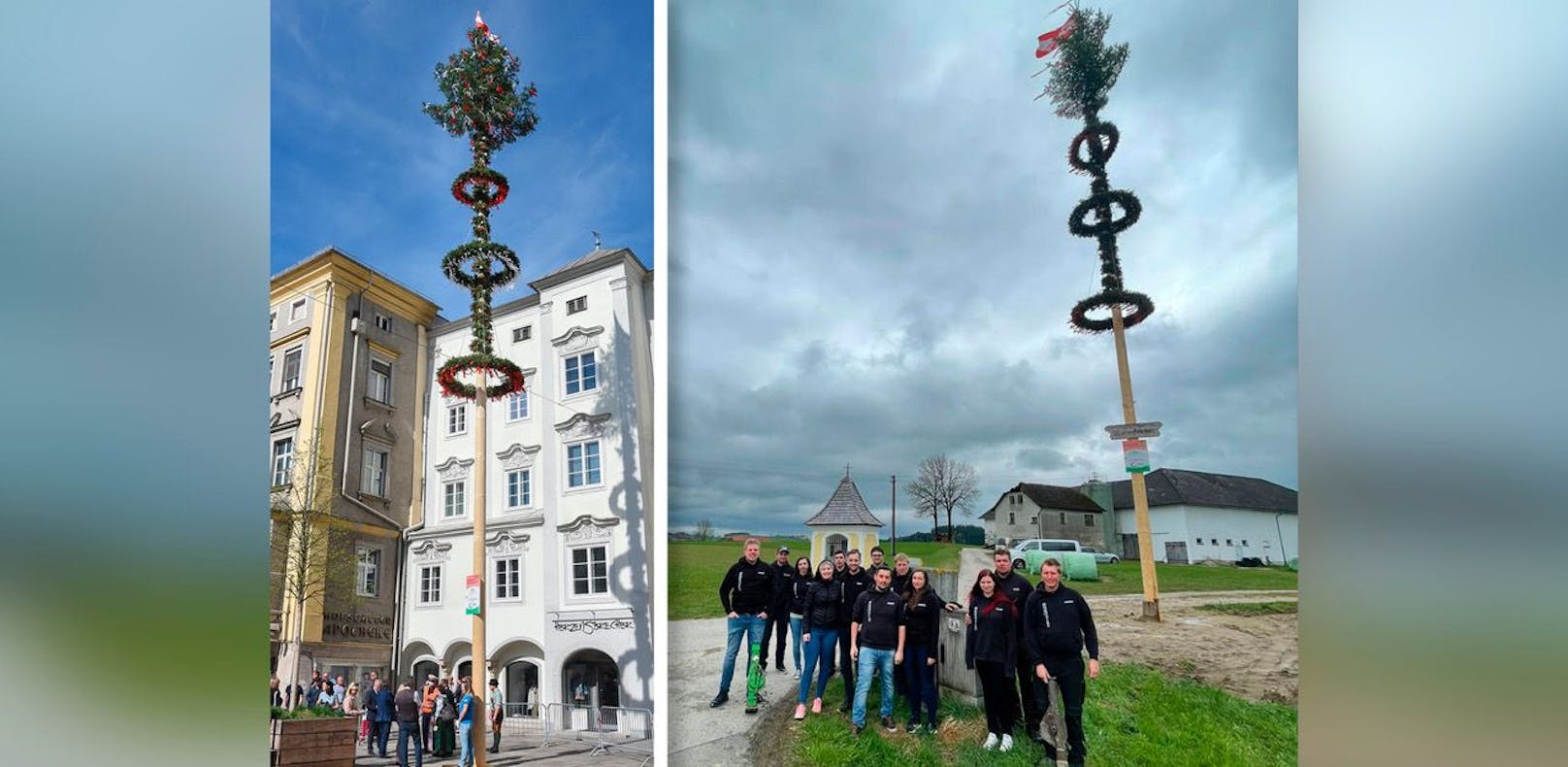 Nicht mal ganz 24 Stunden stand der Maibaum am Linzer Hauptplatz (links). Nun steht er in Steinbruch (Bez. Rohrbach). Sieben Neufeldner haben ihn gestohlen und daheim aufgestellt.