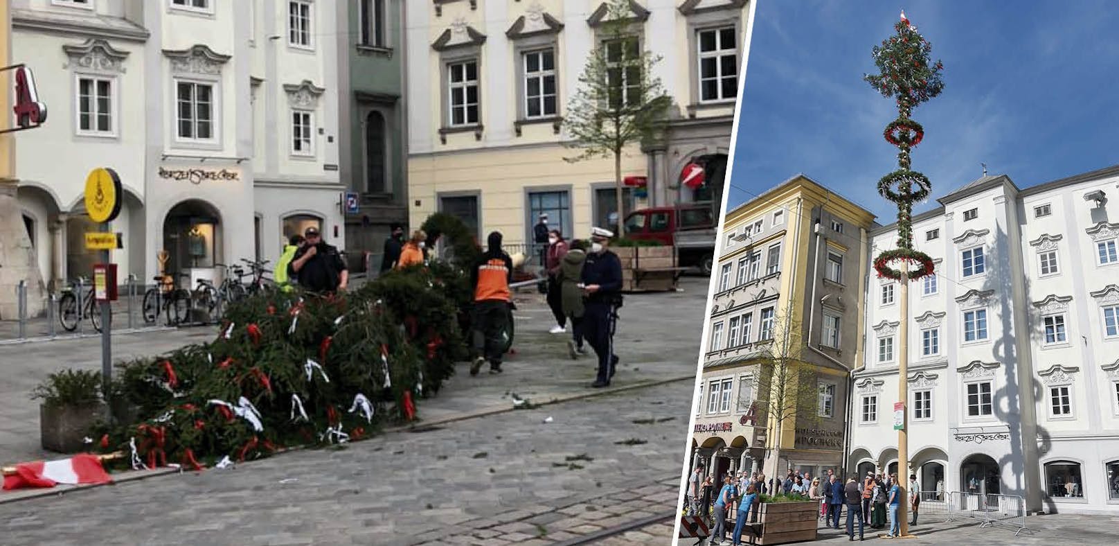 Der Linzer Maibaum stand nicht lange am Hauptplatz. Eine junge Gruppe aus Neufelden hat ihn gestohlen.
