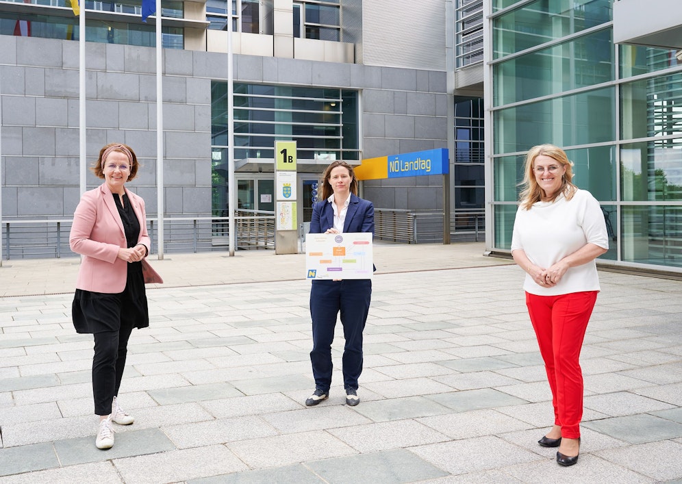 Frauen-Landesrätin Christiane Teschl-Hofmeister, Elisabeth Cinatl (Sprecherin der NÖ Frauenberatungsstellen und Projektleiterin) und Landesrätin Ulrike Königsberger-Ludwig