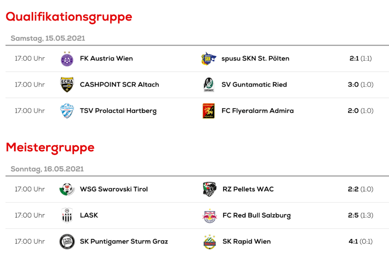 Die Ergebnisse der 31. Runde. Unten die Partien der Meisterrunde. Oben die des Abstiegs-Play-offs.