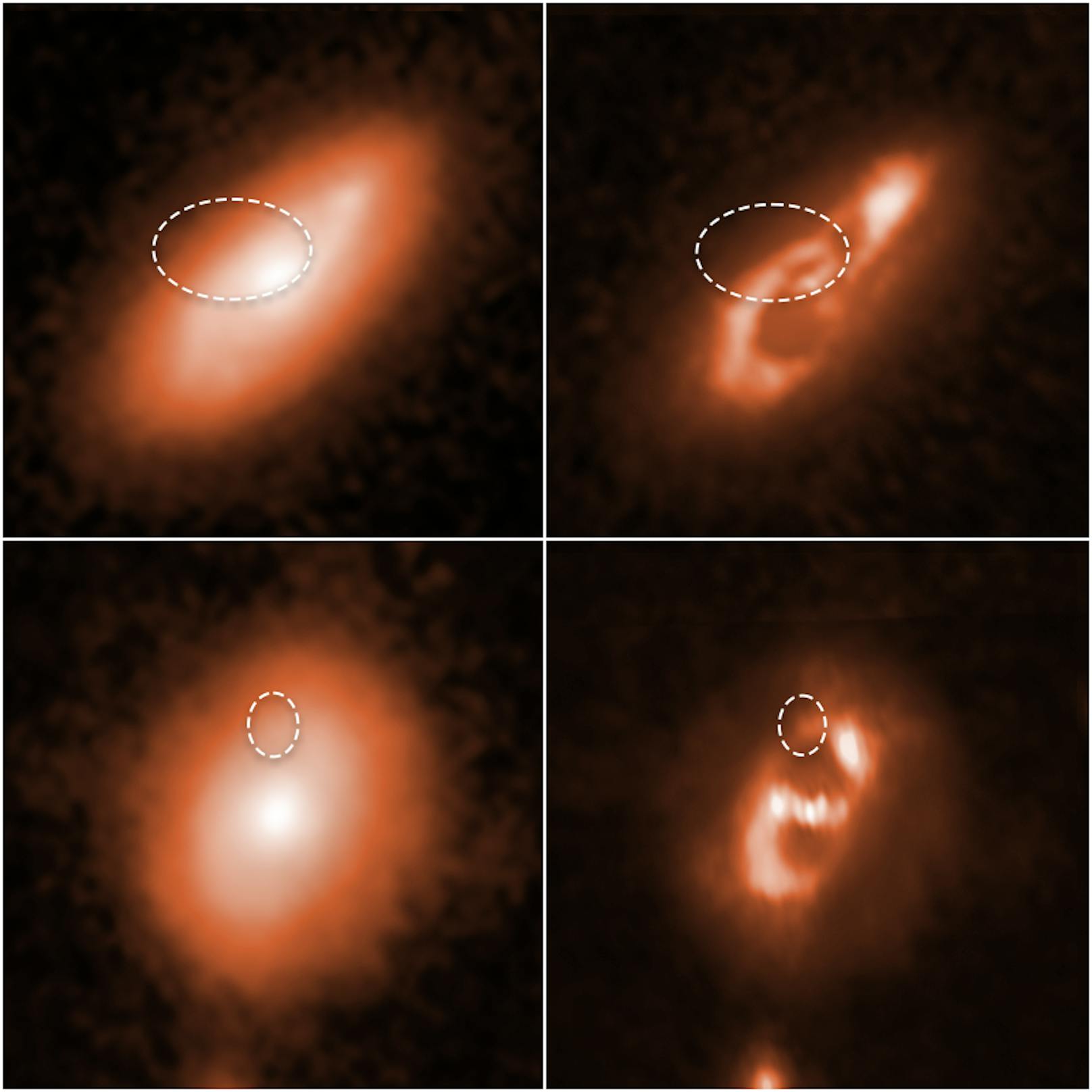 Links Hubble-Schnappschüsse zweier Galaxien. Bei den Bildern rechts wurde ihre Struktur anhand der gesammelten Daten hervorgehoben. Eingekreist sind die Regionen aus denen FBRs gemessen wurden.