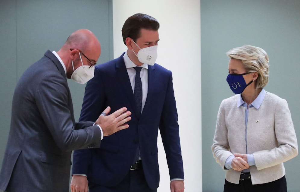 EU-Rats-Chef Charles Michel, Österreichs Kanzler Sebastian Kurz und EU-Kommissions-Präsidentin Ursula von der Leyen.