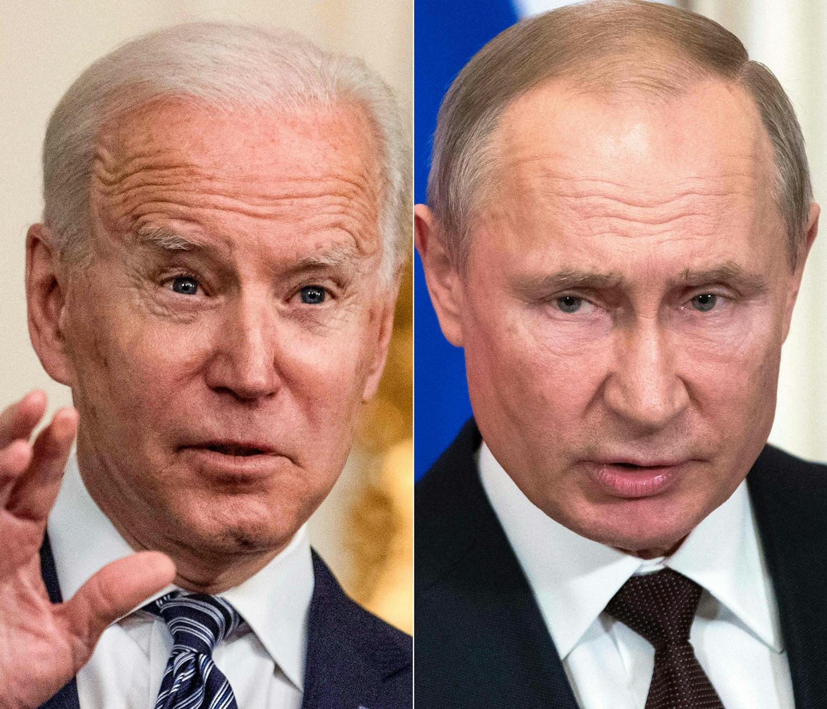 US-Präsident Joe Biden und der russische Präsident Wladimir Putin stehen auf gegenüberliegenden Seiten.&nbsp;