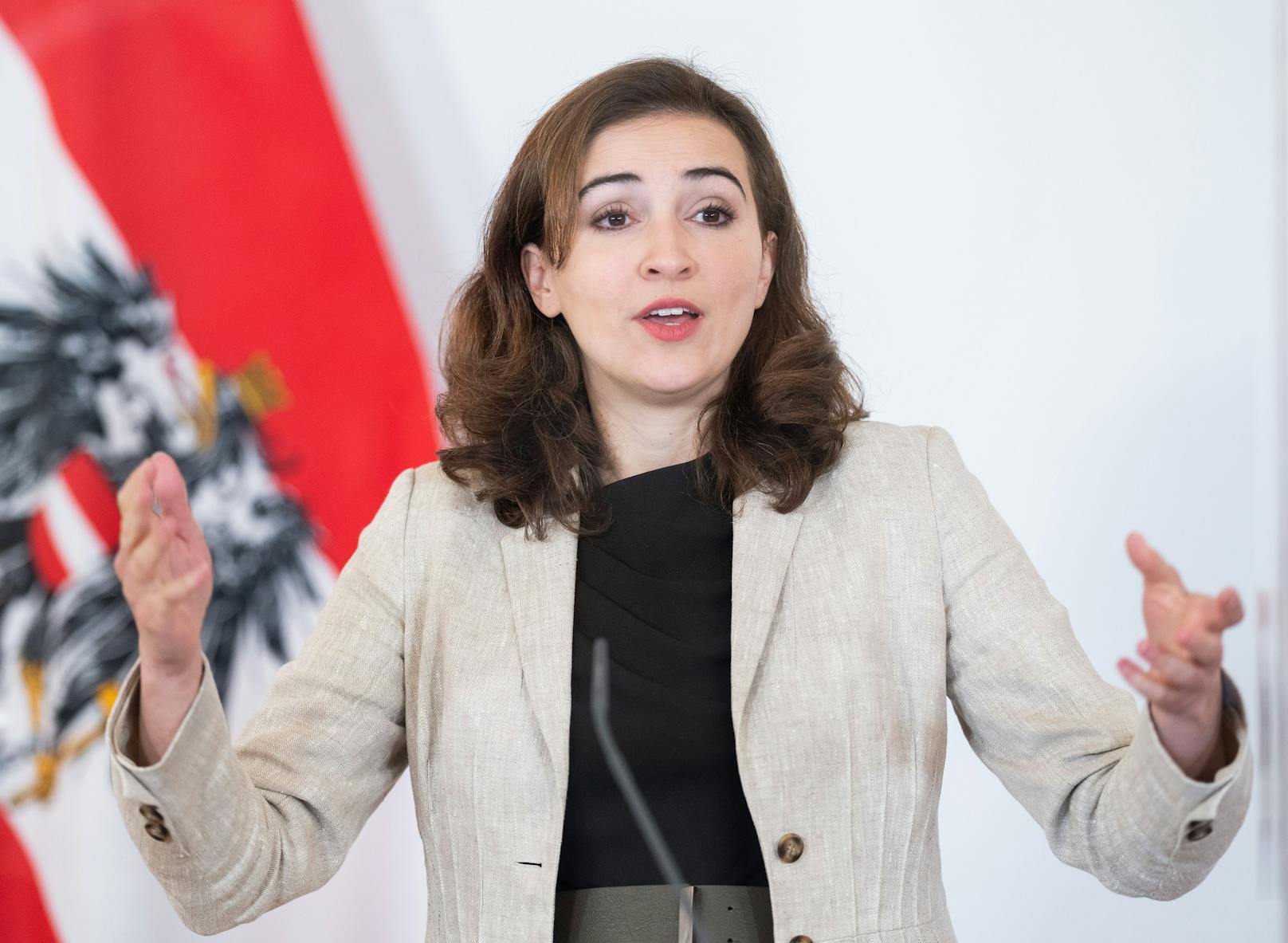 Justizministerin Alma Zadic (Grüne) am 25. Mai 2021 im Rahmen der Pressekonferenz "Reform des Maßnahmenvollzugs" im Bundeskanzleramt in Wien.