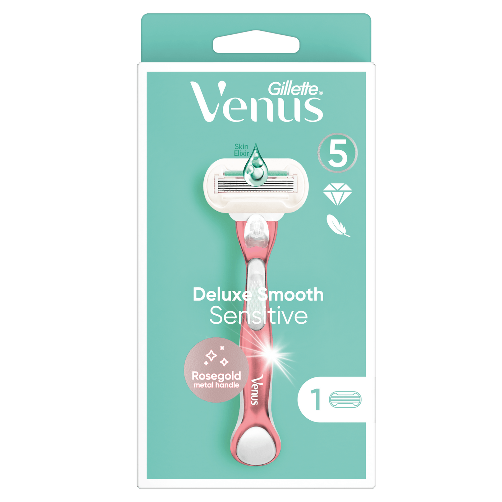 Der Gillette Venus Deluxe Smooth Sensitive mit SKinElixir Gleitstreifen zum Schutz sensibler Haut