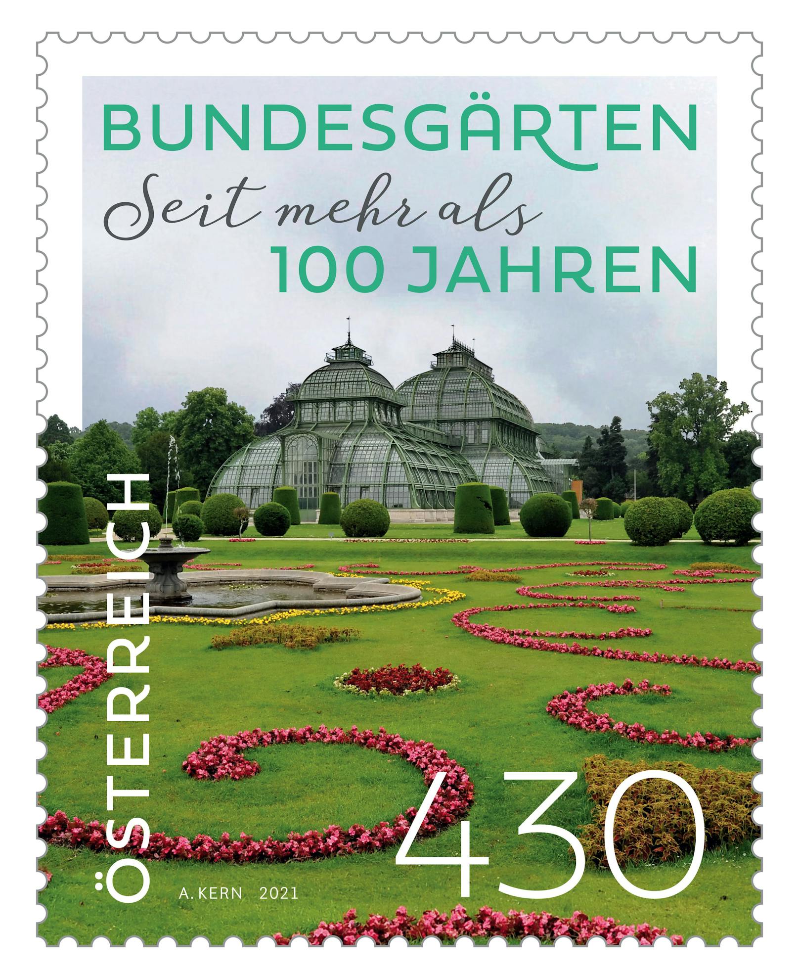 Die neue Sonderbriefmarke der sterreichischen Post würdigt das mehr als 100-jährige Bestehen der Österreichischen Bundesgärten. Veredelt mit einem eigenen Duftlack, riecht die Oberfläche der Briefmarke nach Rosen.