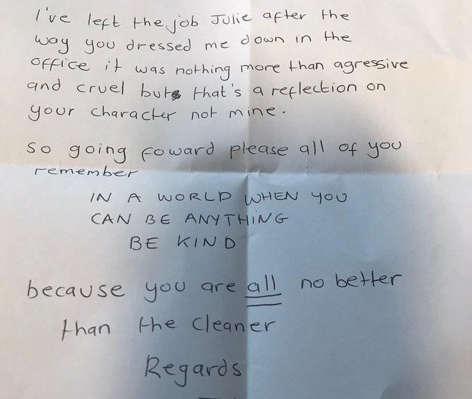 Diesen frechen Abschiedsbrief hinterließ die anonyme Putzfrau ihrer gemeinen Chefin
