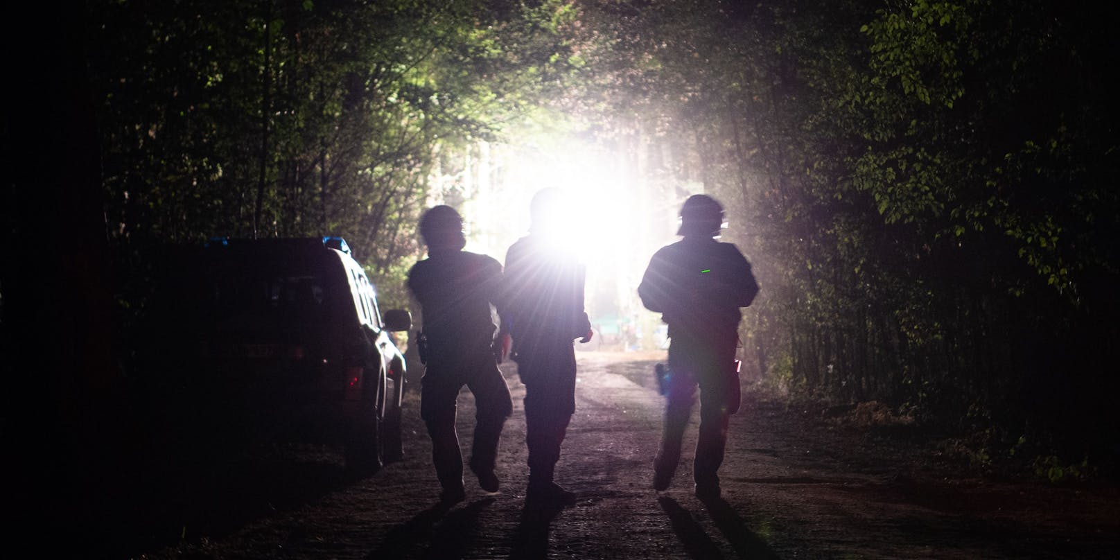 Deutsche Polizei, nachts in einem Wald. (Symbolbild)
