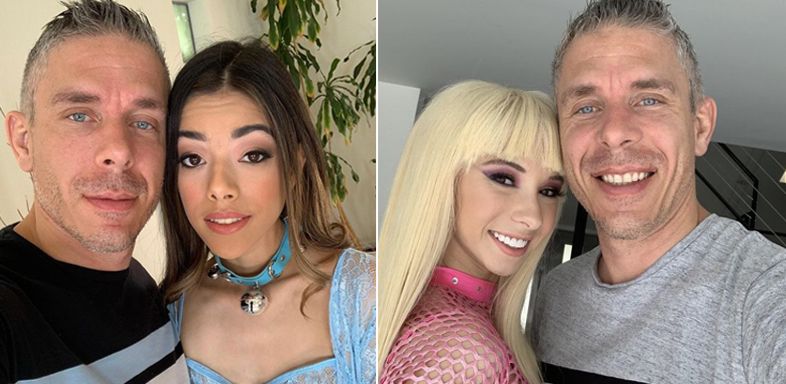 Mick Blue mit den Pornostars Harmony Wonder (li.) und Kenzie Reeves (re.)