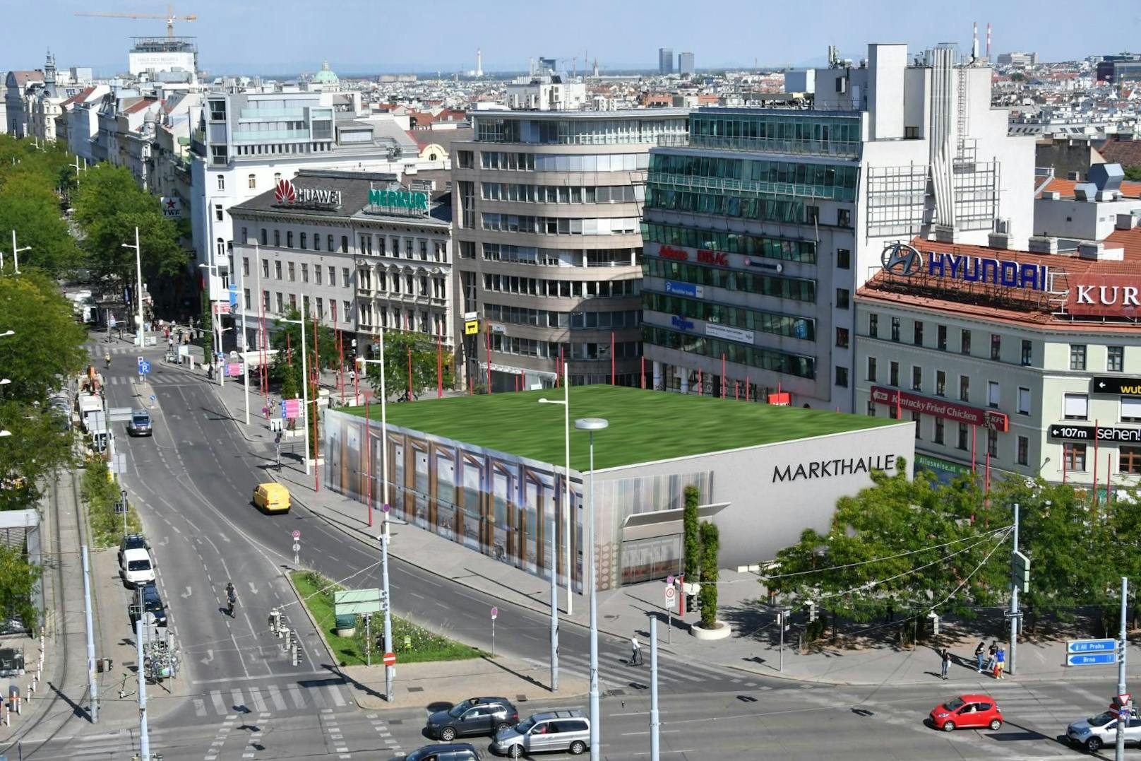 Im Streit um die Errichtung einer Markthalle am Naschmarkt schlägt die FPÖ Wien nun einen alternativen Standort vor: Der Christian Broda-Platz am Ende der "MaHü". So könnte diese aussehen.
