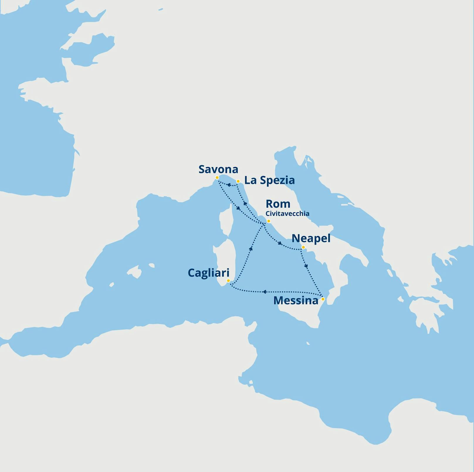Mit dem Flaggschiff Costa Smeralda besuchen Sie in acht Tagen einige der schönsten italienischen Städte: Die Reiseroute führt Sie von Savona über Civitavecchia/Rom, Neapel, Messina, bis Cagliari und La Spezia.