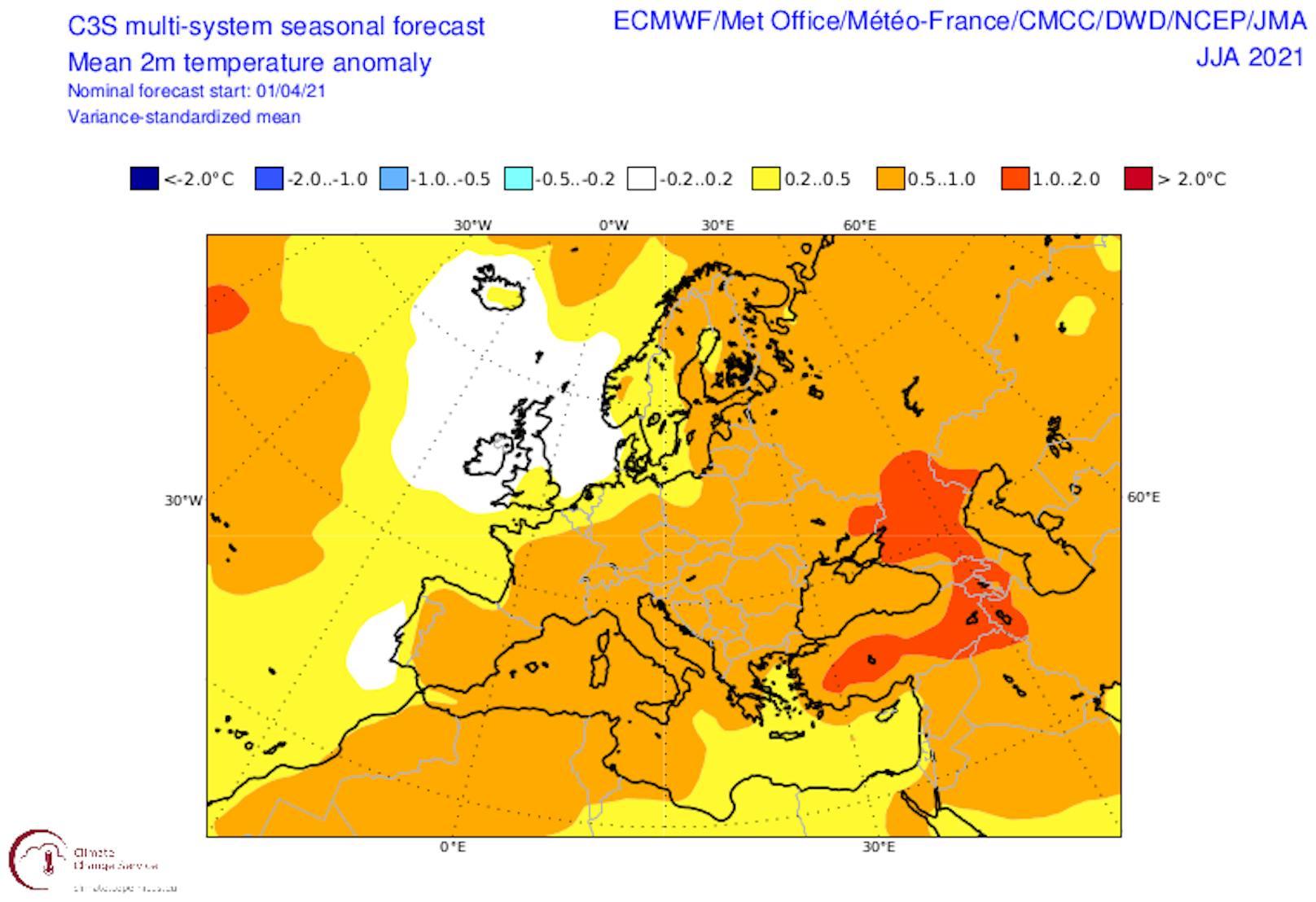 Prognose der Temperaturanomalien über Europa im kommenden Sommer