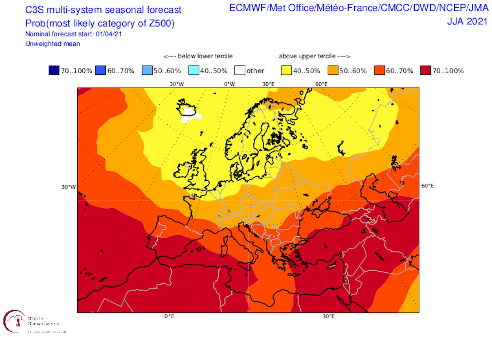 Anomalie der Wetterlage über Europa für den Sommer. Gelbliche Töne stehen für Tiefdruckeinfluss, rot eher für eine Häufung von Hochdruckgebieten
