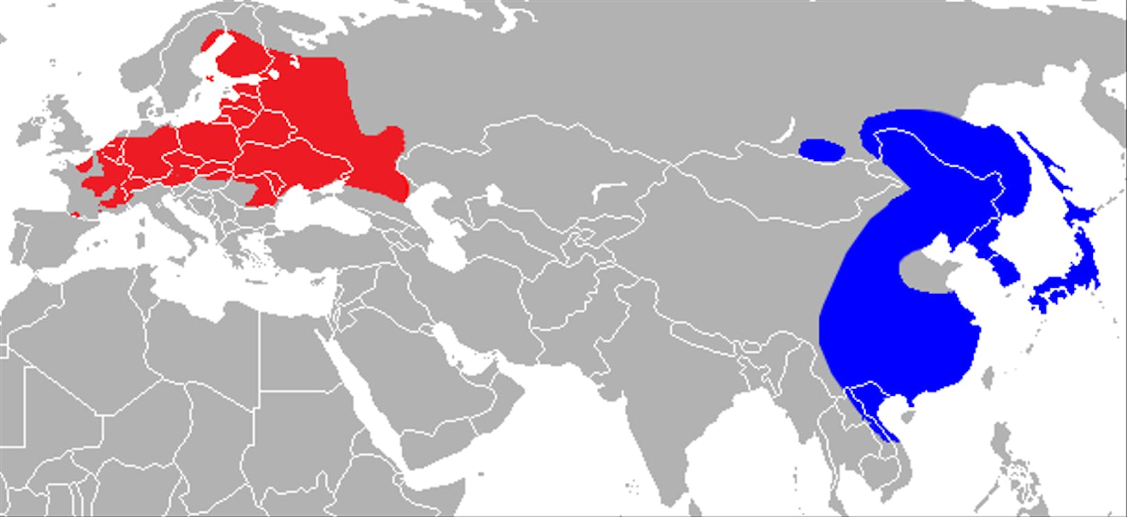 Die Tiere stammen ursprünglich aus dem asiatischen Raum (blau), sind aber zunehmend auch in Europa zu treffen (rot).