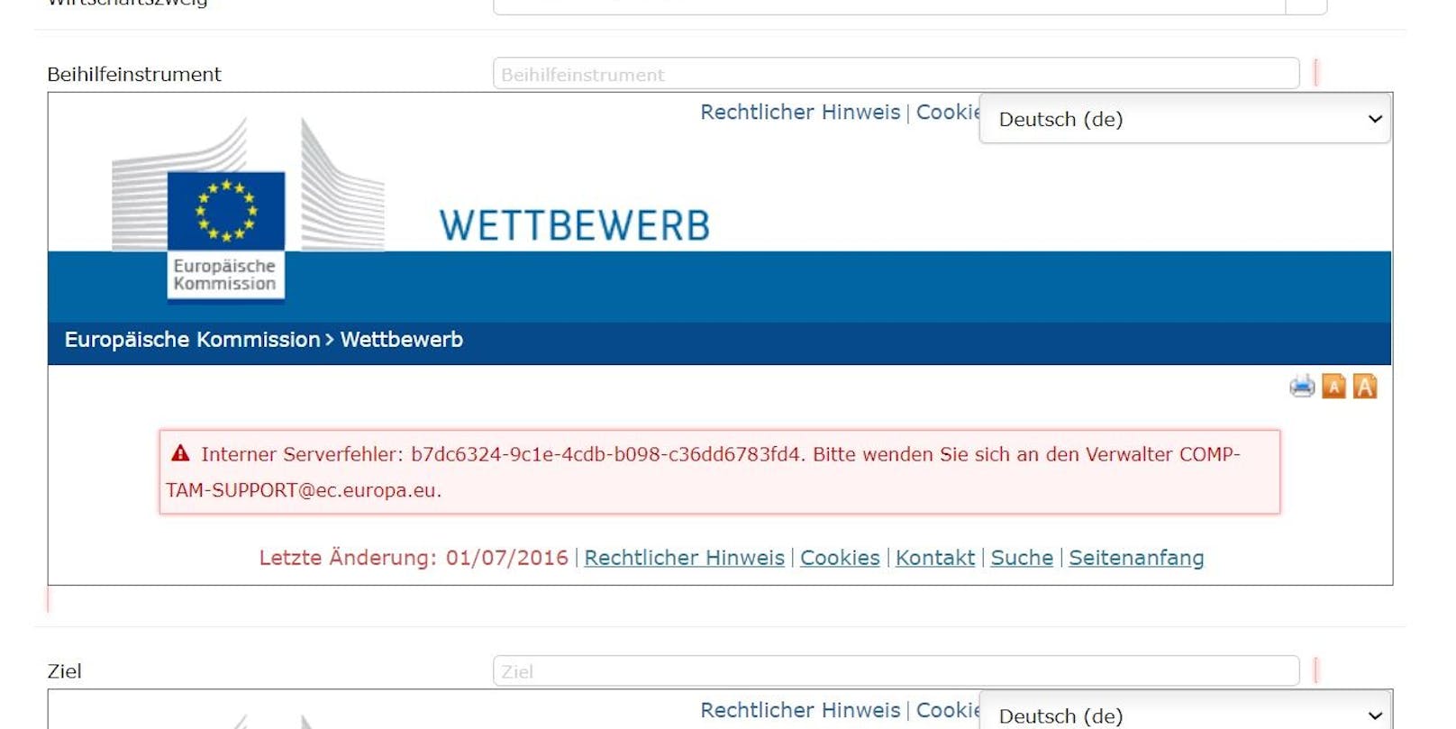 EU-Datenbank zeigt Serverfehler statt Coronahilfen.