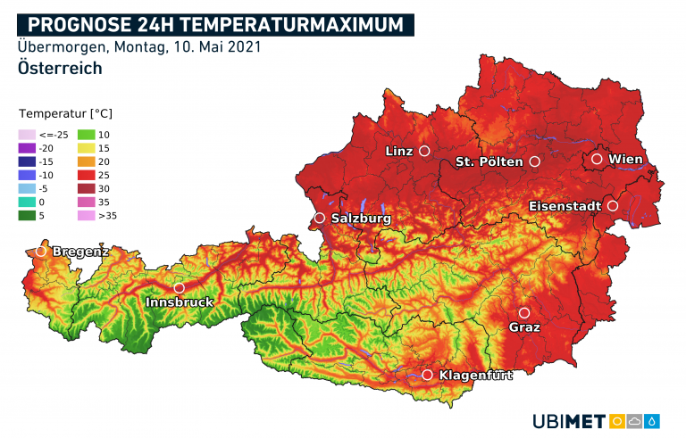 Die prognostizierten Höchstwerte am Montag.
