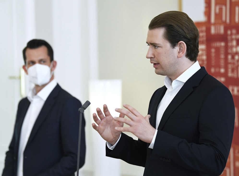 Bundeskanzler Sebastian Kurz und Gesundheitsminister Wolfgang Mückstein, hier am 27. April 2021.