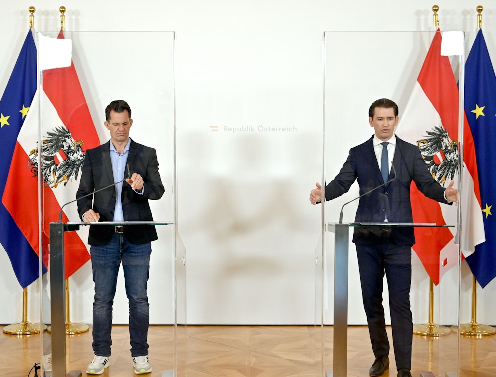 Bundeskanzler Sebastian Kurz (R/ÖVP) und Gesundheitsminister Wolfgang Mückstein (Grüne) am Donnerstag, 20. Mai 2021 