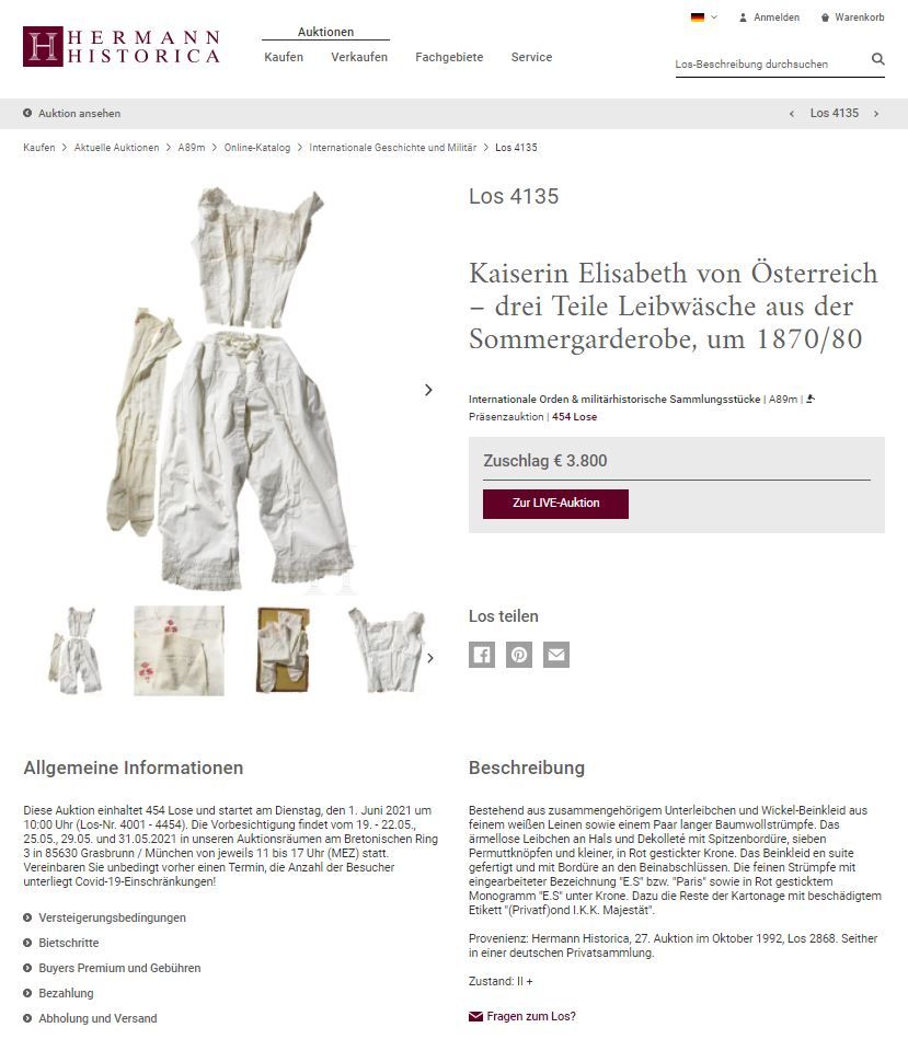 Die Unterwäsche der Kaiserin befand sich bisher in deutschem Privatbesitz und wird heute versteigert.