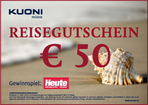 Alle Teilnehmerinnen und Teilnehmer des <em>"Heute"</em>-Sommergewinnspiels erhalten einen 50-Euro-Gutschein von KUONI reisen.
