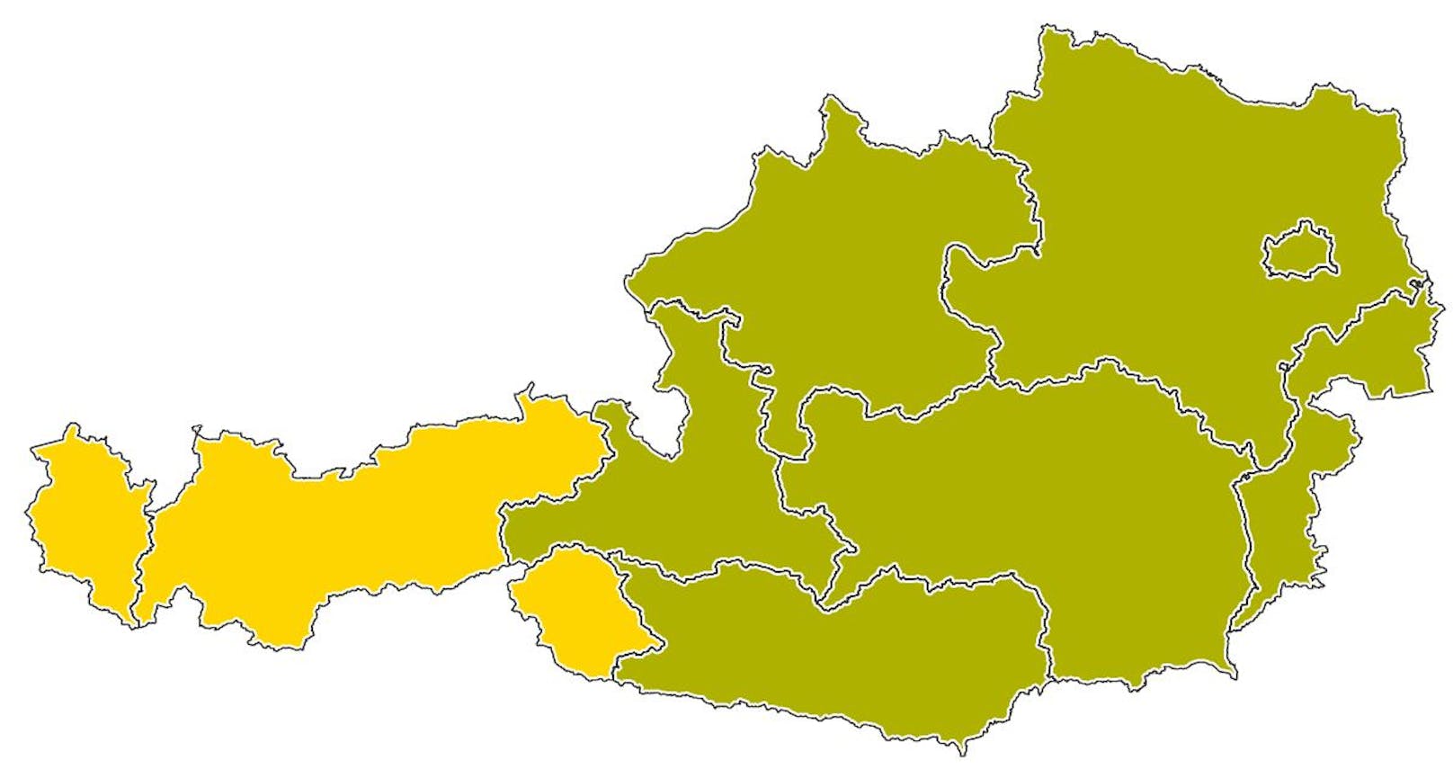 Sieben Bundesländer leuchten gelb-grün, nur Tirol und Vorarlberg bleiben gelb.