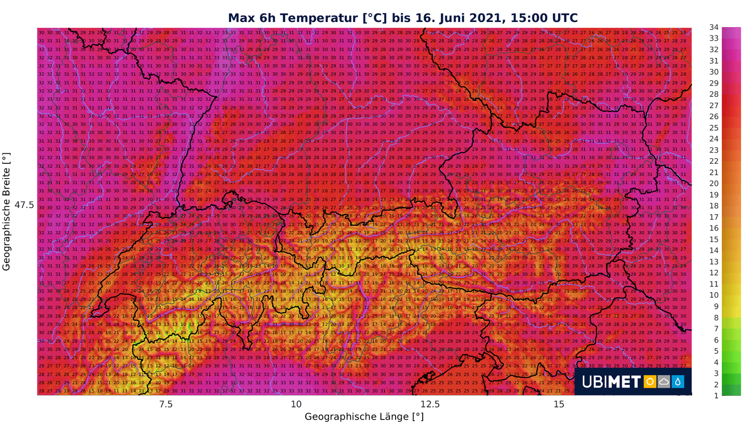 Höchstwerte am Mittwoch, den 16. Juni 