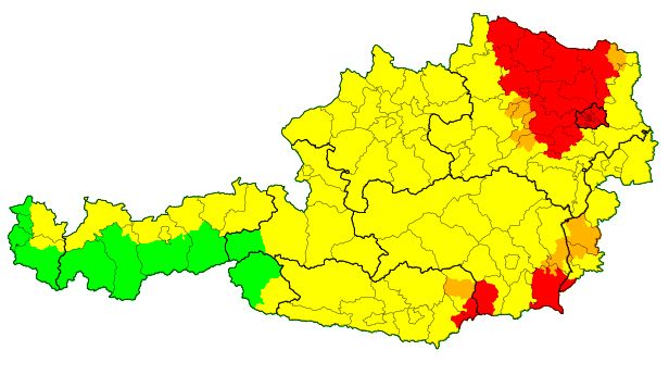 Die aktuelle Unwetterwarnungen, Stand 13.10 Uhr, für Österreich