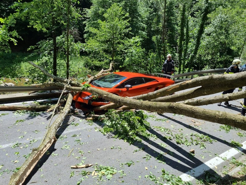 Ein Baum ist am Sonntag in der Stubenbergklamm auf einen Lamborghini gekracht. Der Fahrer hatte riesiges Glück!