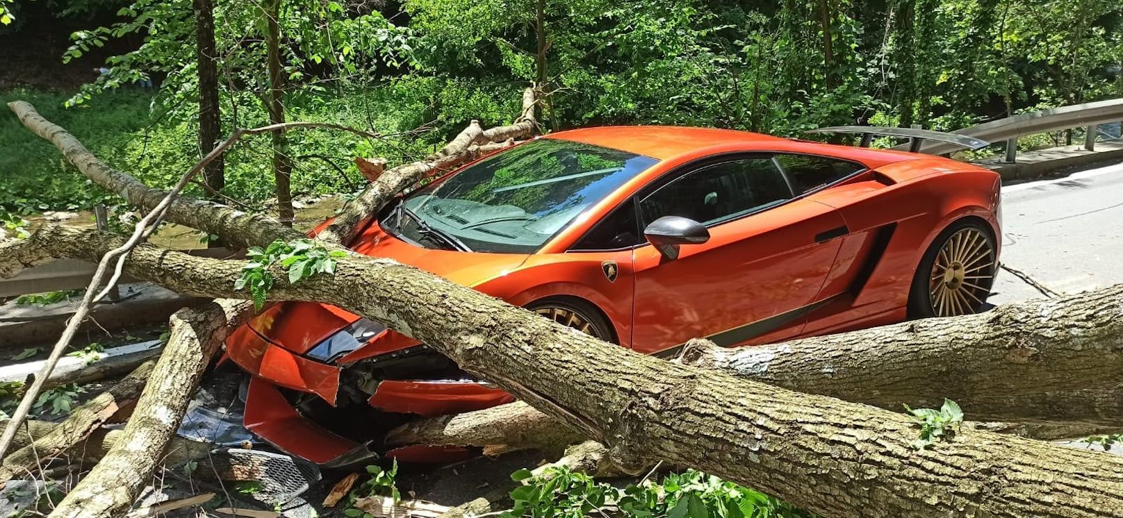 Ein Baum ist am Sonntag in der Stubenbergklamm auf einen Lamborghini gekracht. Der Fahrer hatte riesiges Glück!