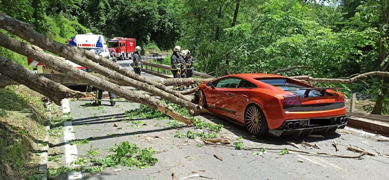 Ein Baum ist am Sonntag in der Stubenbergklamm auf einen Lamborghini gekracht. Der Fahrer hatte riesiges Glück!