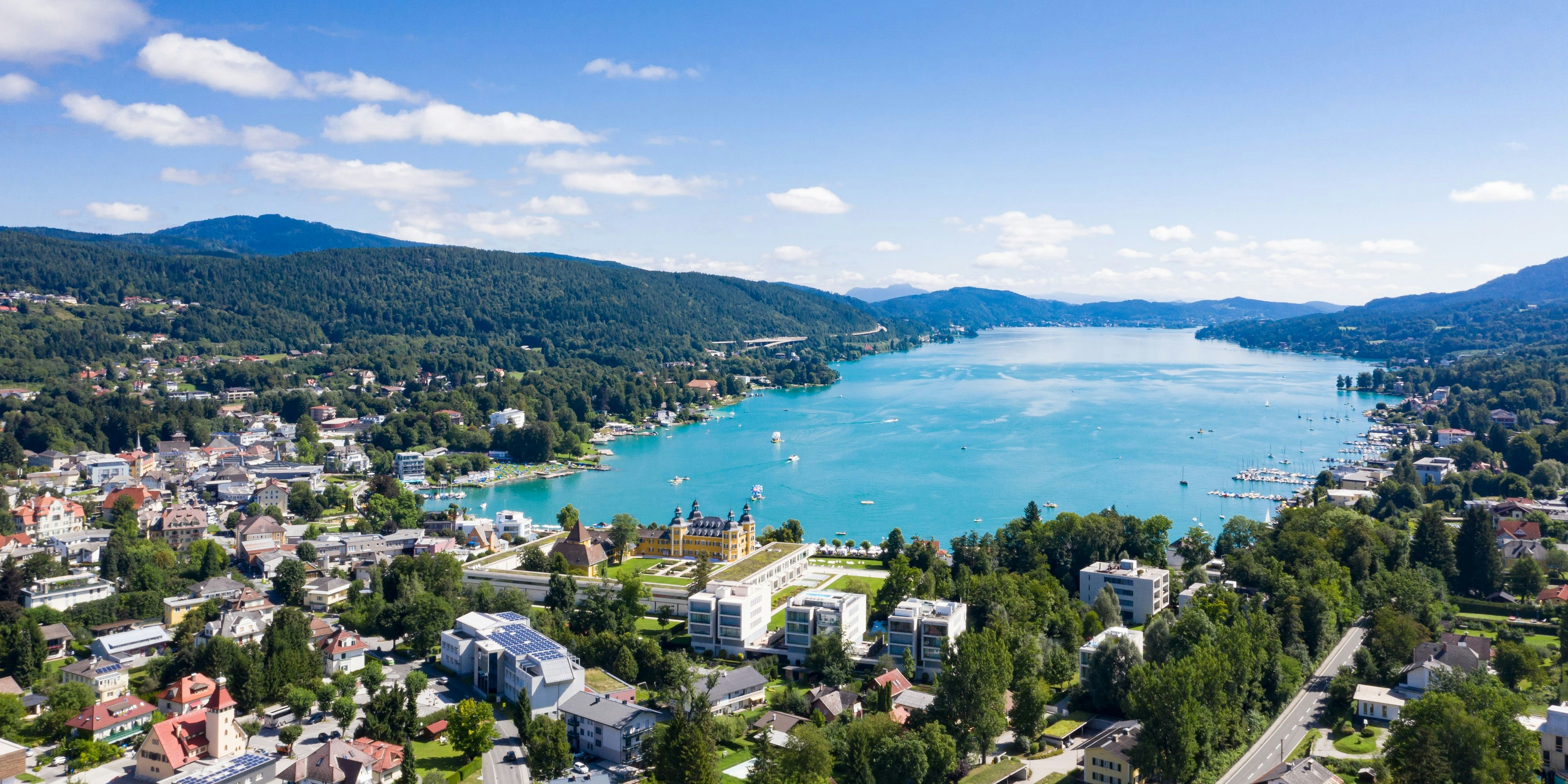 Velden village view at the beautiful lake Wörthersee in Carinthia, Austria.