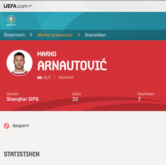 Marko Arnautovic – auf dem UEFA-Profil wird er als gesperrt geführt.