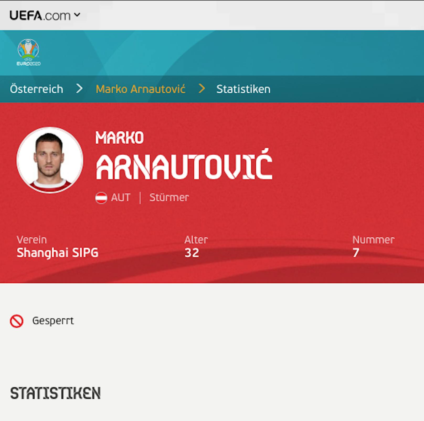 Marko Arnautovic – auf dem UEFA-Profil wird er als gesperrt geführt.