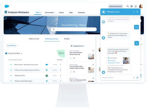 Work.com Wellbeing hilft Mitarbeiter:innen durch Puls-Checks und personalisierte Wellness-Inhalte, ihre Gesundheit zu verbessern.  