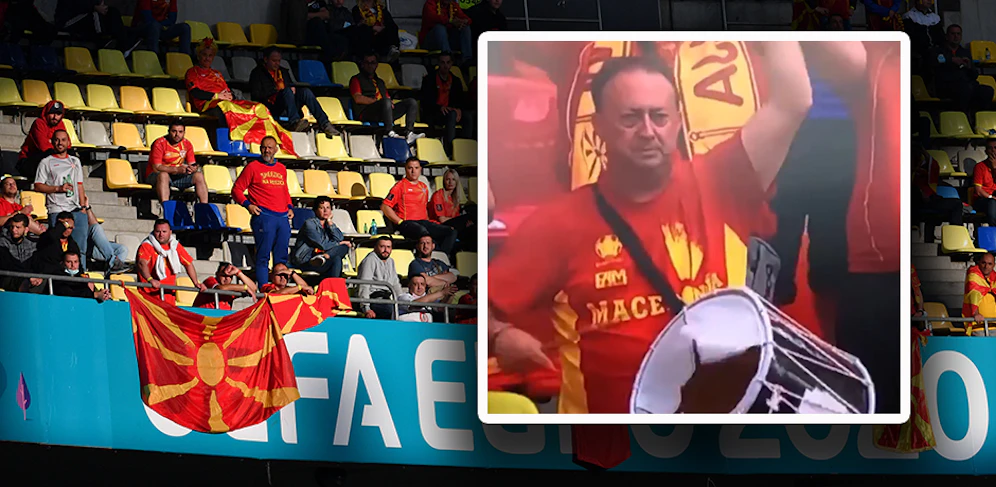Ein Nordmazedonien-Fan trommelt auch mit einem gerissenen Fell. 