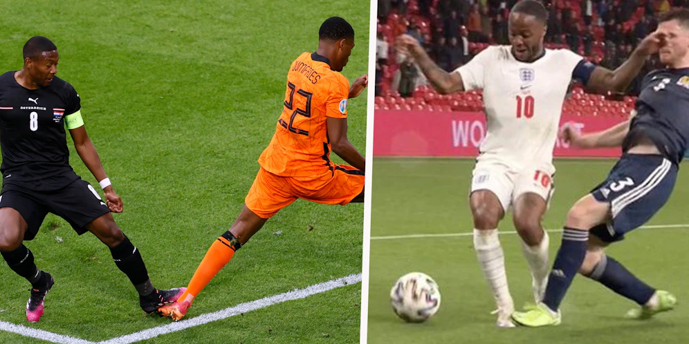 Links steigt David Alaba auf den Fuß von Denzel Dumfries. Rechts bleibt Andrew Robertson nach einem ähnlichen Vergehen gegen Raheem Sterling unbestraft.