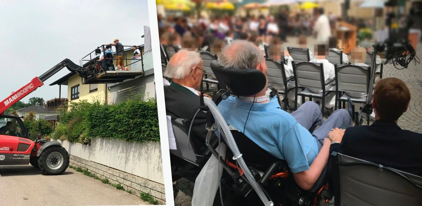 Ein Kran holte Herrn W. samt Rollstuhl vom 1. Stock seines Hauses, anschließend ging's zur Erstkommunion des Sohnemannes.